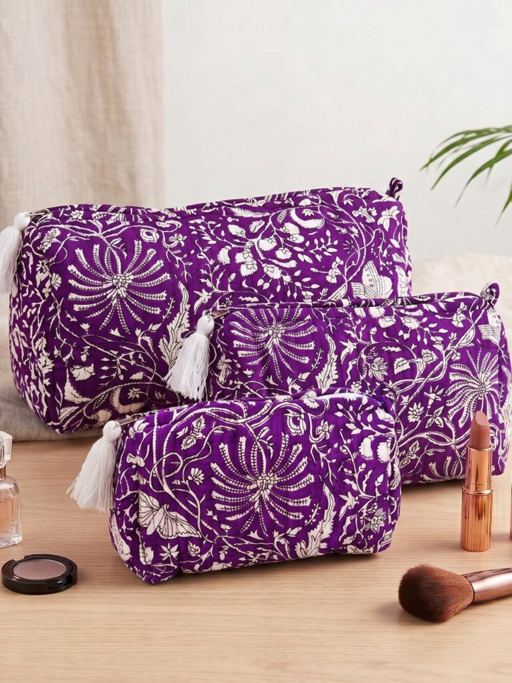 Set Of 3 Block Print Toiletry Bags, Cotton Makeup Bag, Cosmetic Bag Set Gift